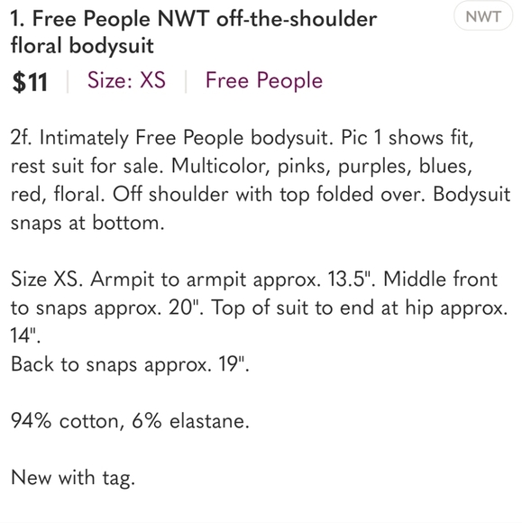 10. Free People NWT off-the-shoulder floral bodysuit - Picture 6 of 15